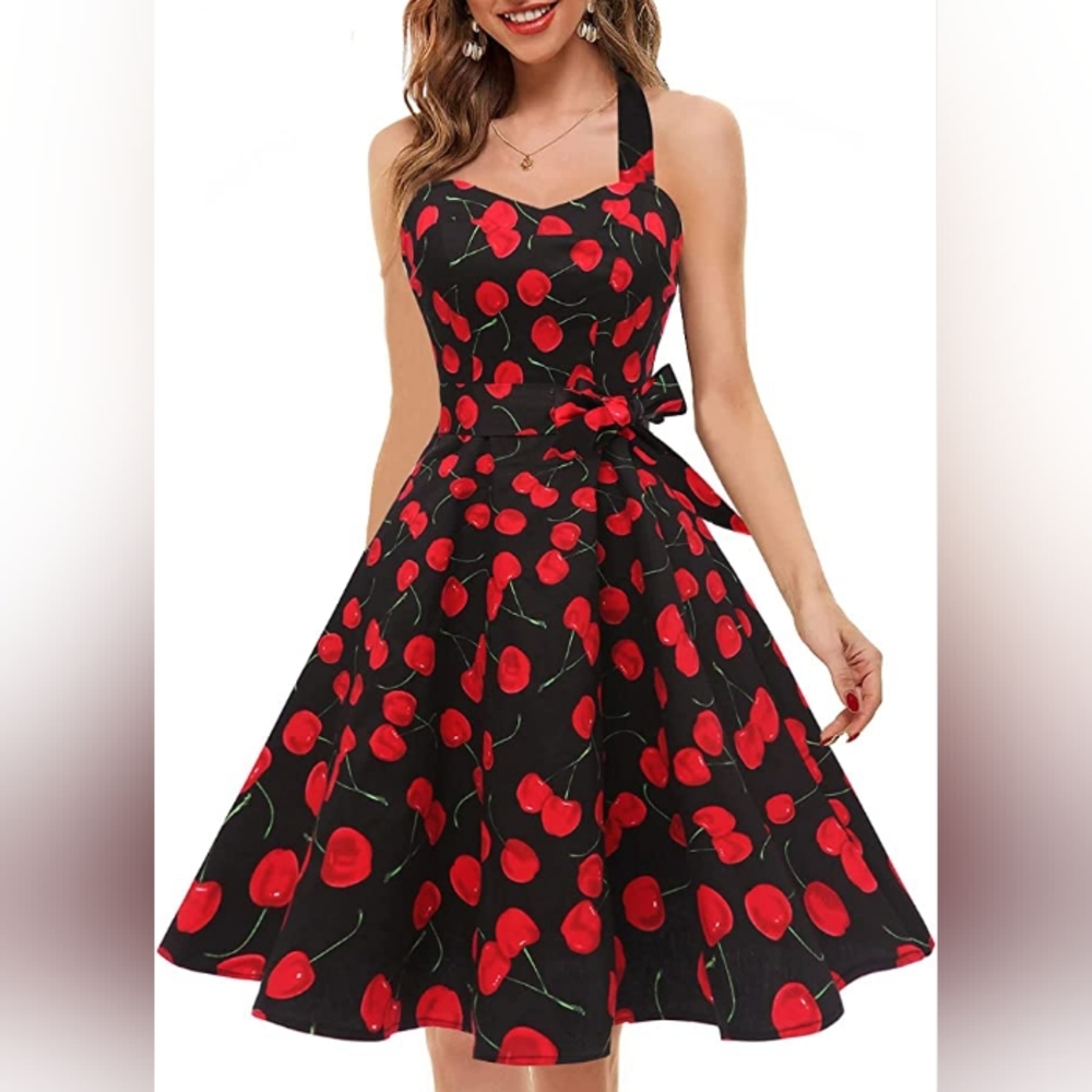 1950s styled cherry print cocktail swing dress